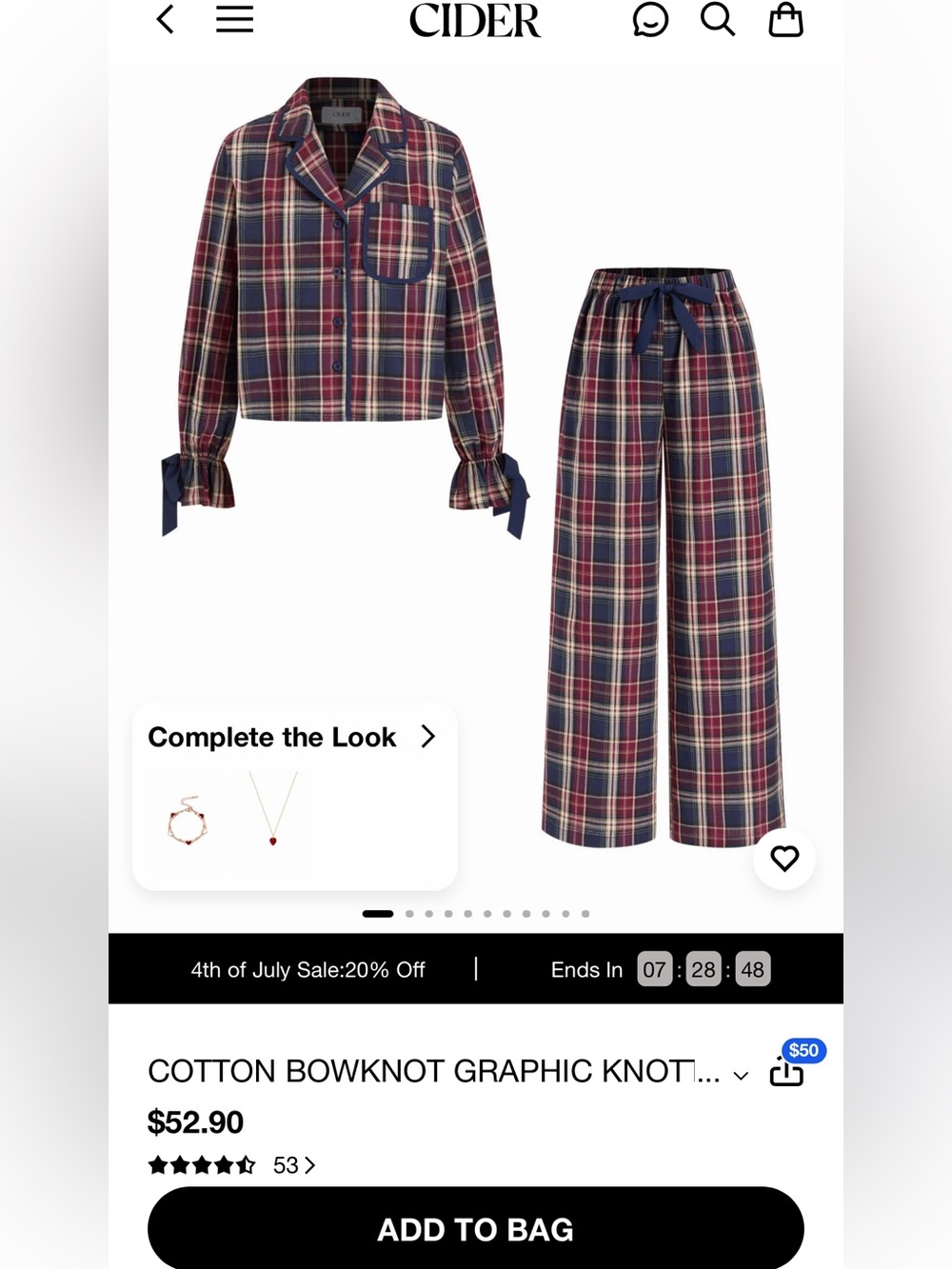 Cider Navy & Burgundy Plaid Cotton Pajama Set with Bowknot